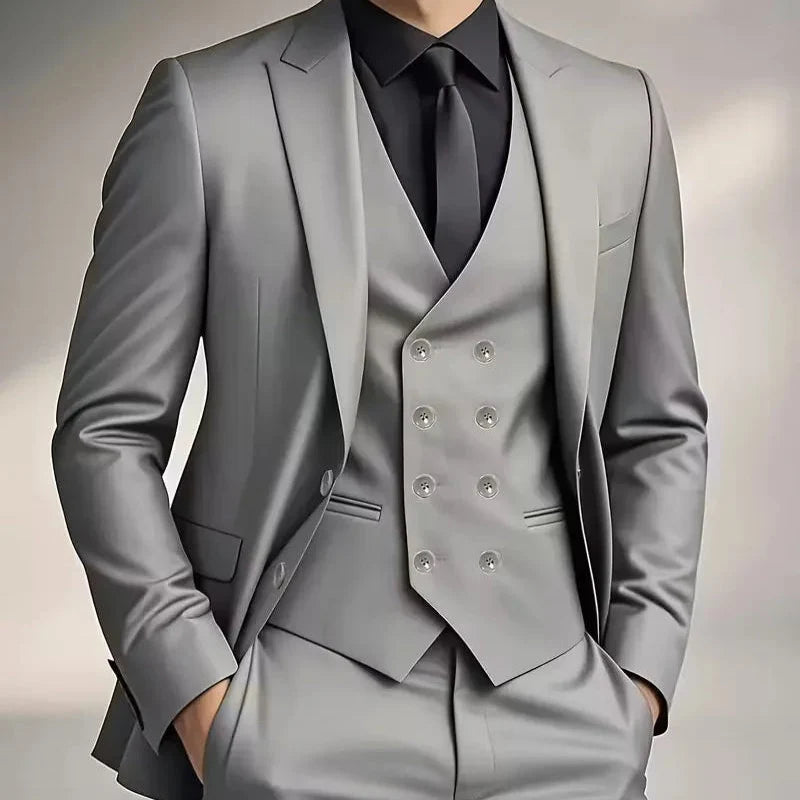 Mens slim fit three piece suit with single breasted blazer, double breasted waistcoat and trousers