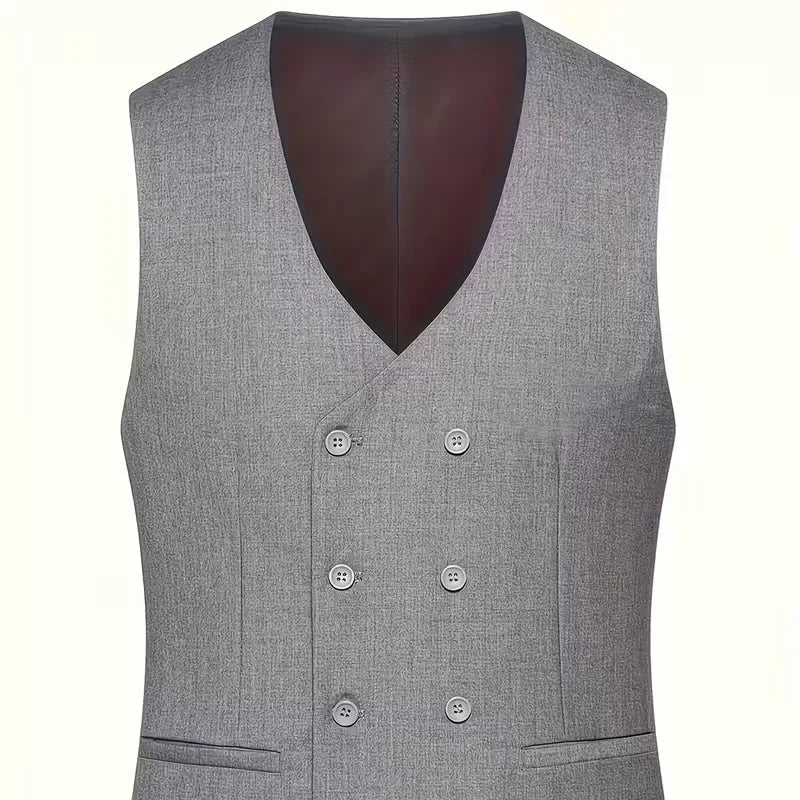 Mens slim fit three piece suit with single breasted blazer, double breasted waistcoat and trousers