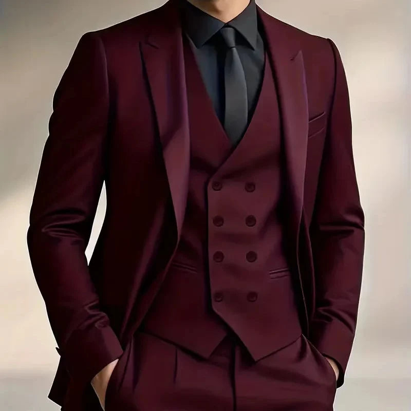 Mens slim fit three piece suit with single breasted blazer, double breasted waistcoat and trousers