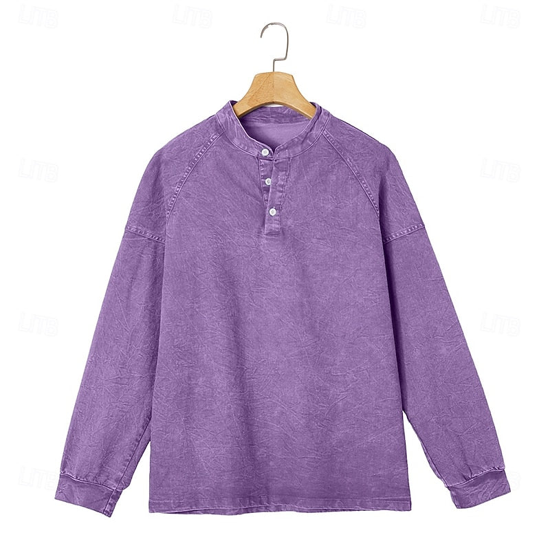 Henley Shirt with Button Placket and Raglan Sleeves, Standing Collar