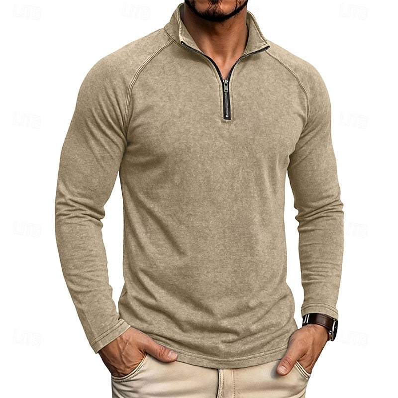 Mens Zip Collar Top with Relaxed Fit and Soft Draping Fabric