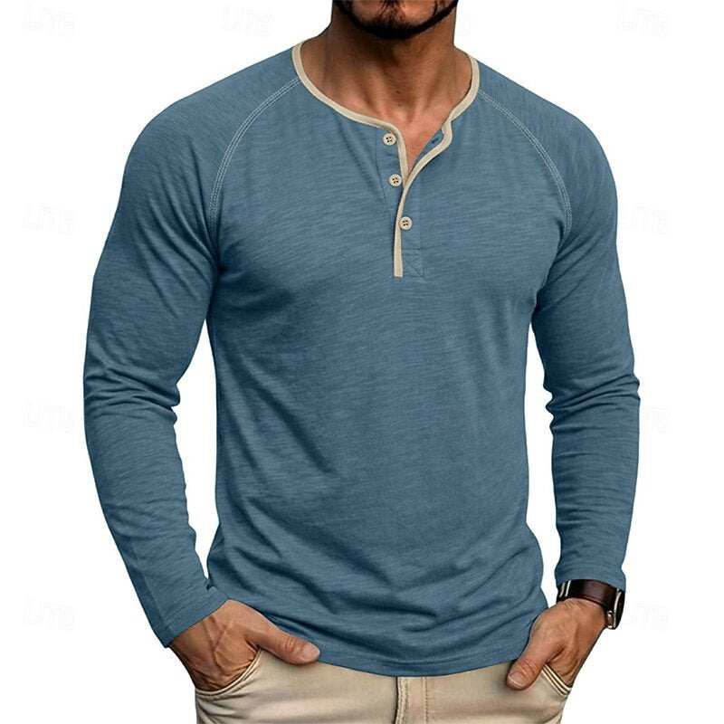 Long Sleeve Henley Shirt with Button Placket and Raglan Sleeves