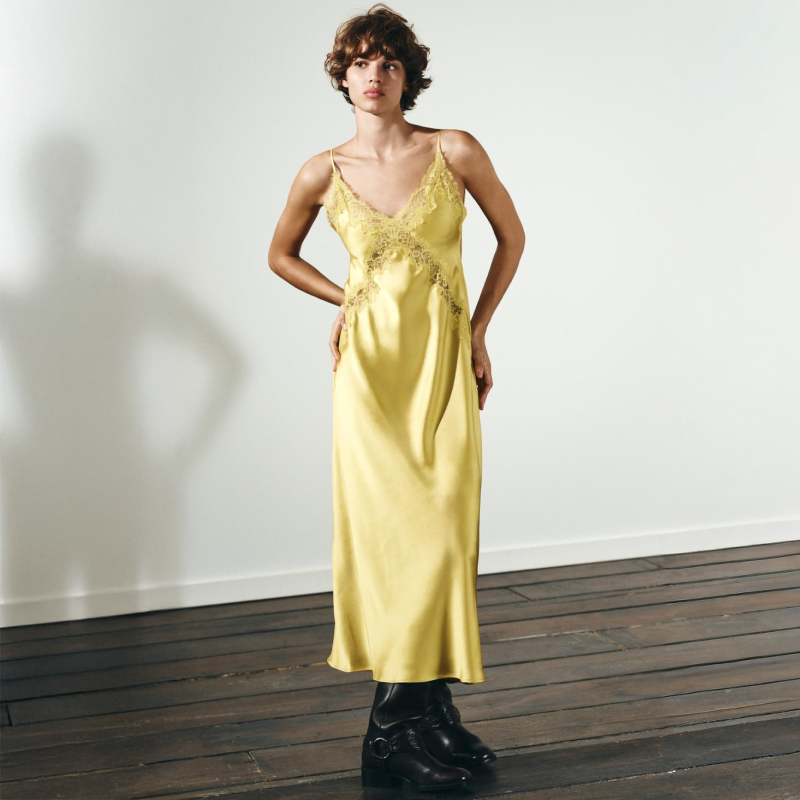 Yellow Satin Midi Lace Dress