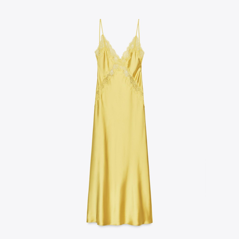 Yellow Satin Midi Lace Dress