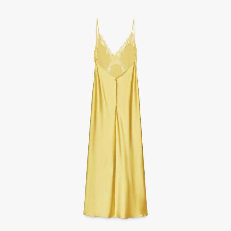 Yellow Satin Midi Lace Dress