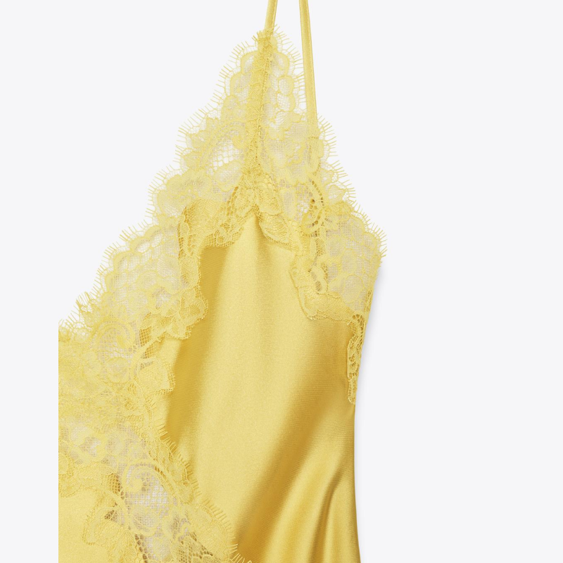 Yellow Satin Midi Lace Dress