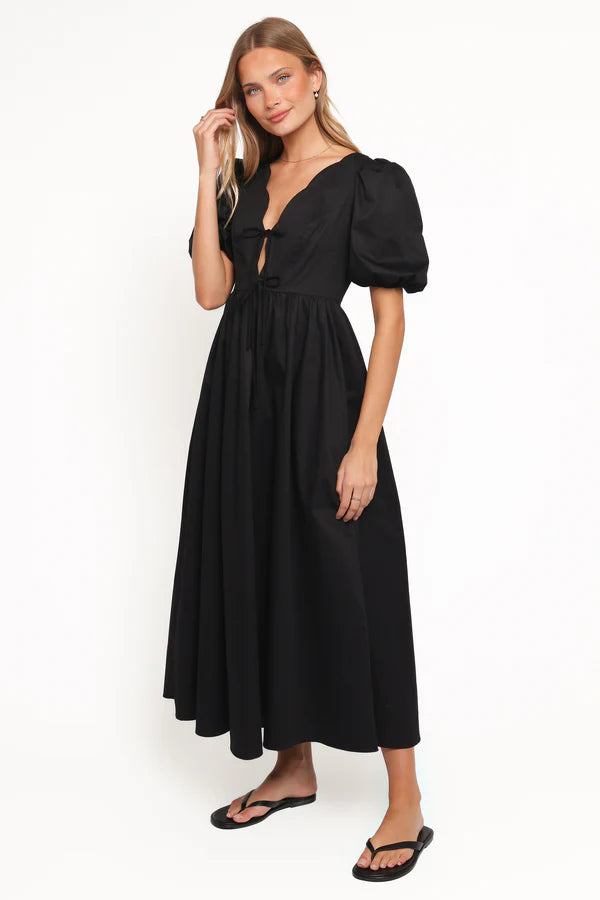 Women’s Maxi Dress with Empire Waist, Scallop V-Neck Cotton Dress