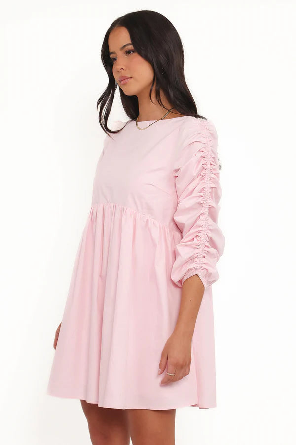 Women’s Long Sleeve Smocked Mini Dress, High Neck Pink Dress