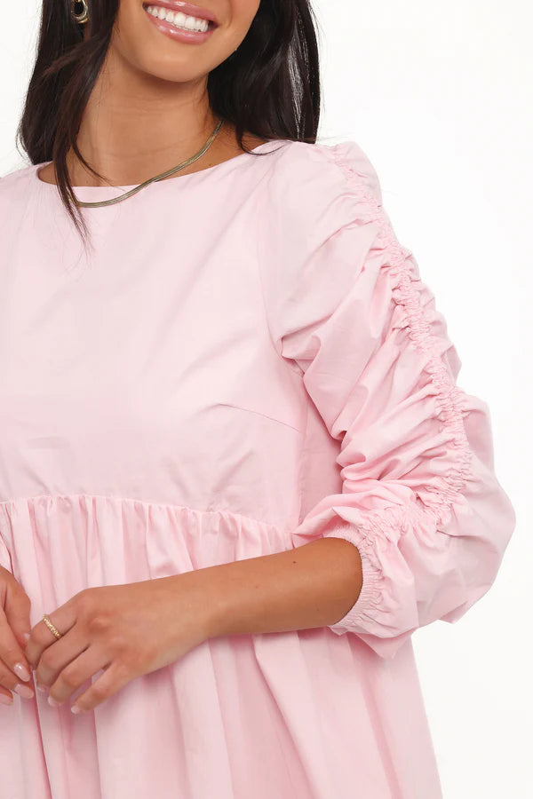 Women’s Long Sleeve Smocked Mini Dress, High Neck Pink Dress