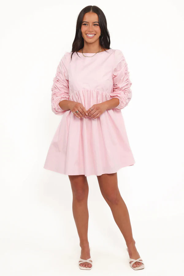 Women’s Long Sleeve Smocked Mini Dress, High Neck Pink Dress