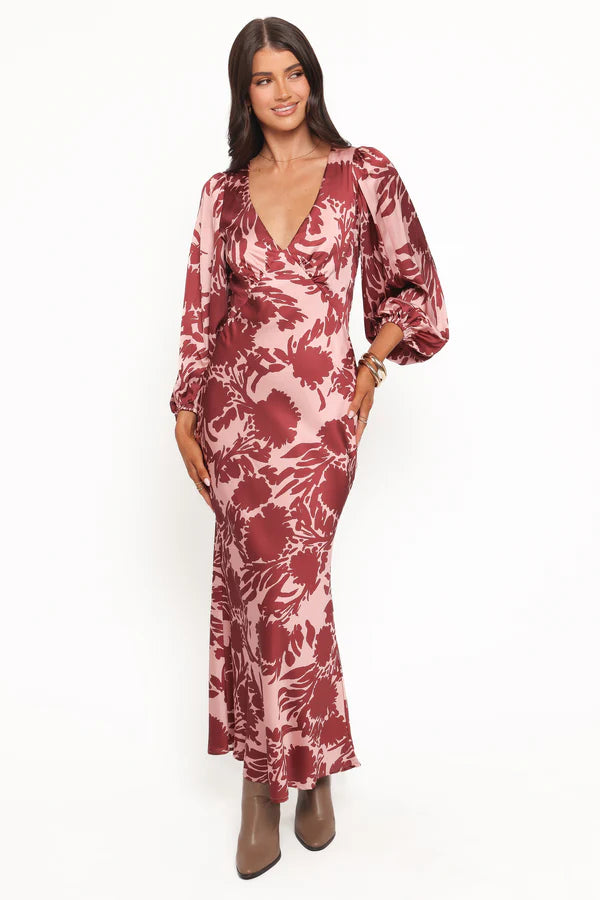 Women’s Long Sleeve Maxi Dress, Satin Floral V-Neck Dress