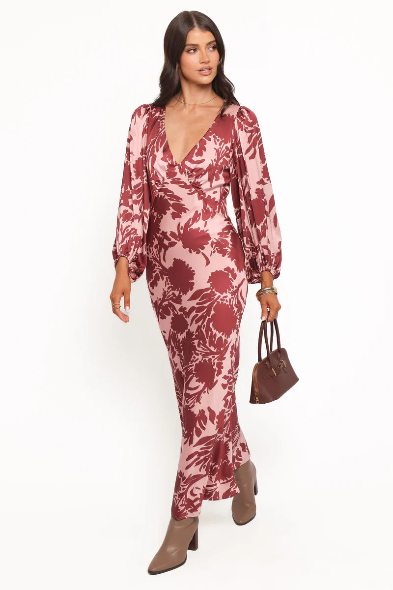 Women’s Long Sleeve Maxi Dress, Satin Floral V-Neck Dress