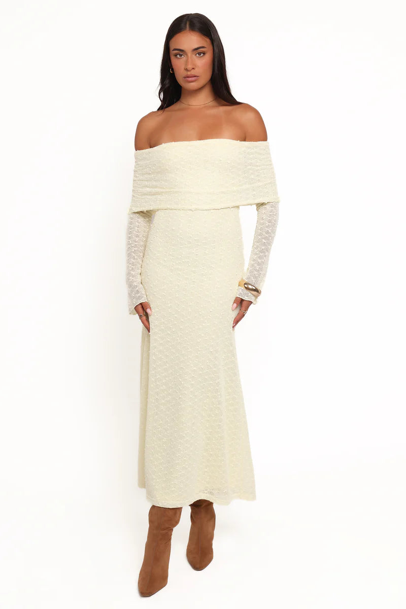 Women’s Off-Shoulder Midi Dress, Long Sleeve Bodycon Knit