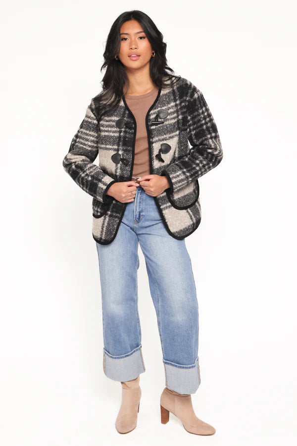 Women’s Plaid Jacket, Lined V-Neck Toggle Front Jacket