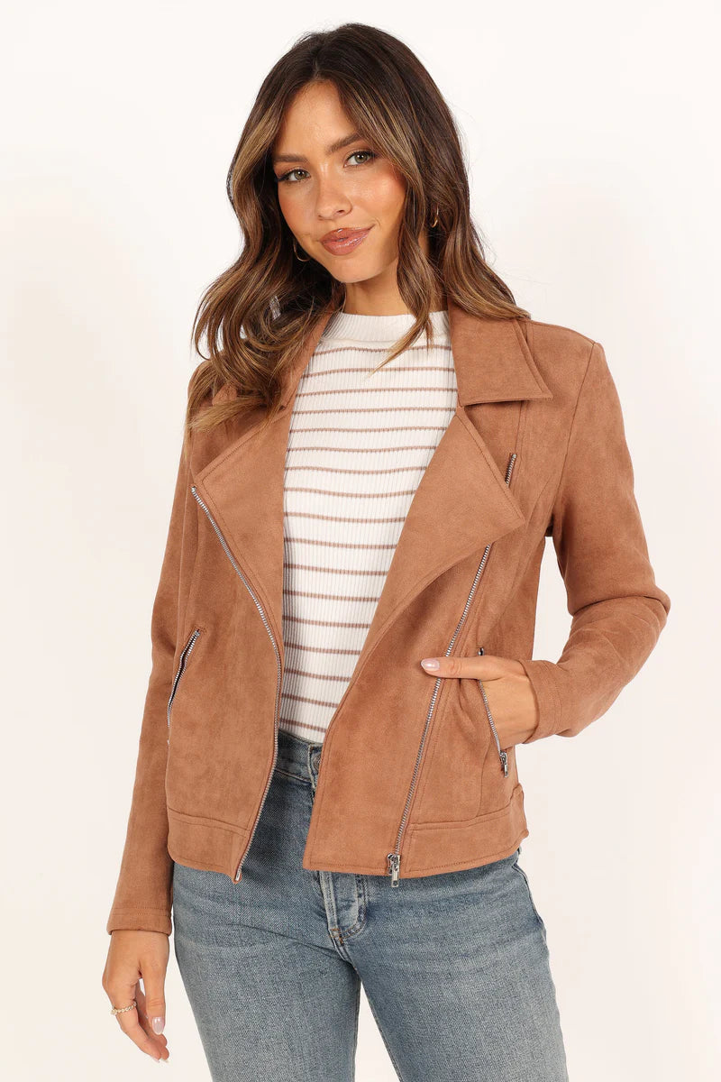 Women’s Faux Suede Moto Jacket, Collared Zip Front Jacket