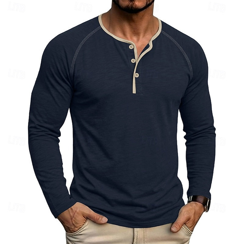 Long Sleeve Henley Shirt with Button Placket and Raglan Sleeves