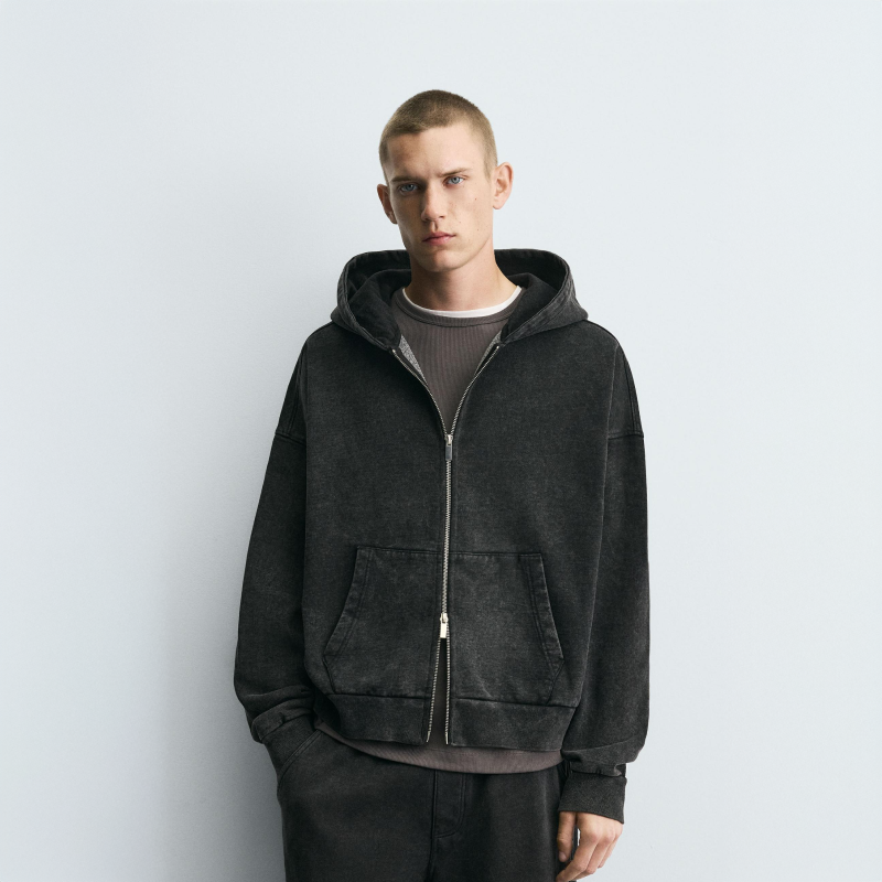 Dark Gray Washed Hooded Zip Sweatshirt