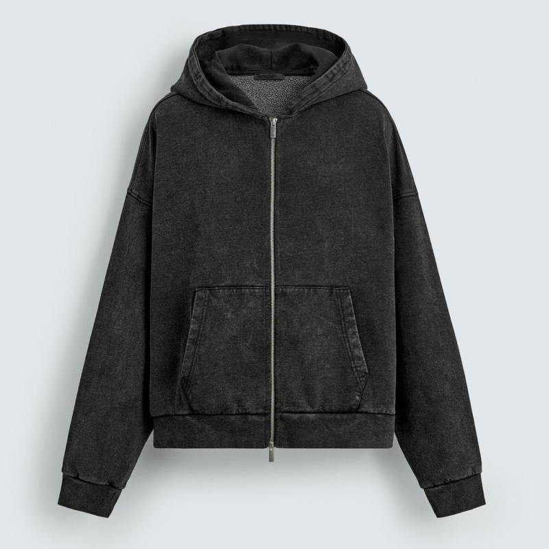 Dark Gray Washed Hooded Zip Sweatshirt