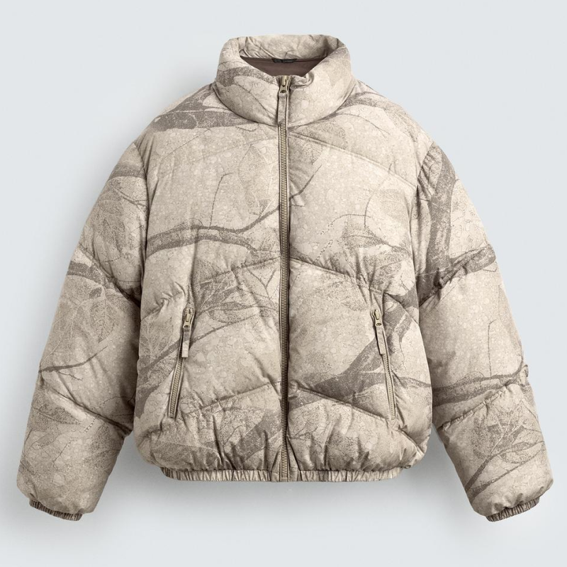 Abstract Beige Print Puffer Jacket