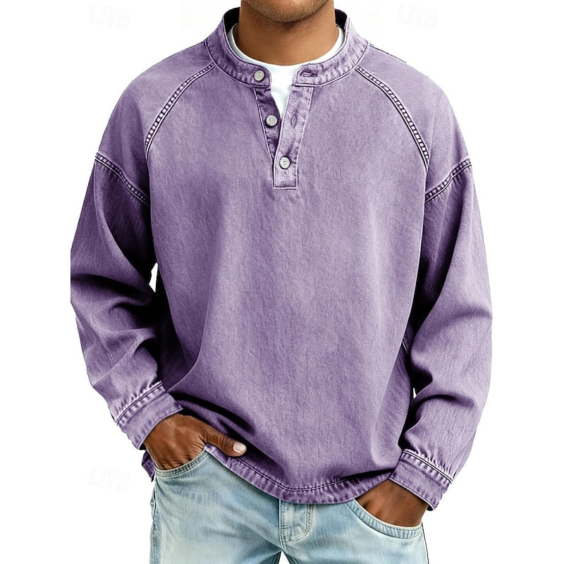 Henley Shirt with Button Placket and Raglan Sleeves, Standing Collar