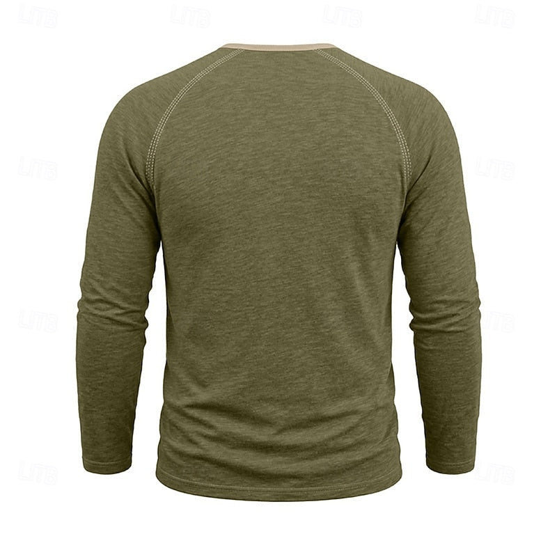 Long Sleeve Henley Shirt with Button Placket and Raglan Sleeves