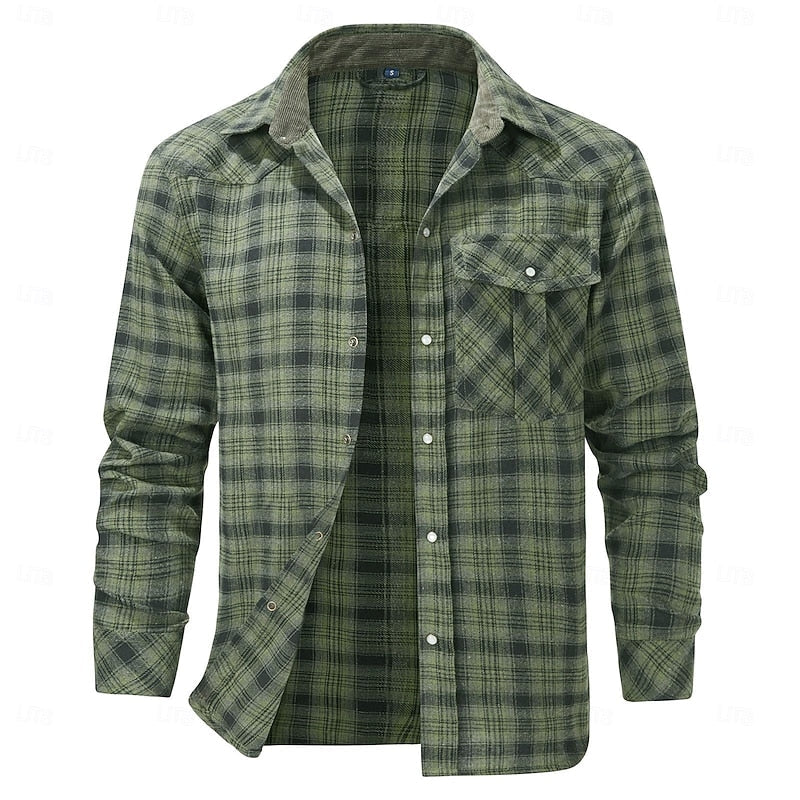 Plaid Overshirt with Lined Collar and Snap Front Closure, Dual Chest Pockets