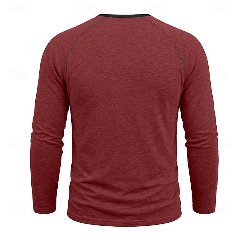 Long Sleeve Henley Shirt with Button Placket and Raglan Sleeves