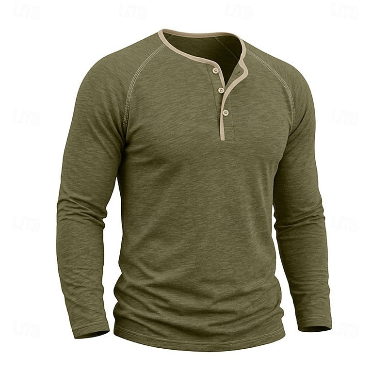 Long Sleeve Henley Shirt with Button Placket and Raglan Sleeves
