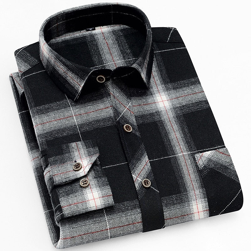 Mens Check Button Up Shirt with Long Sleeves and Tailored Fit