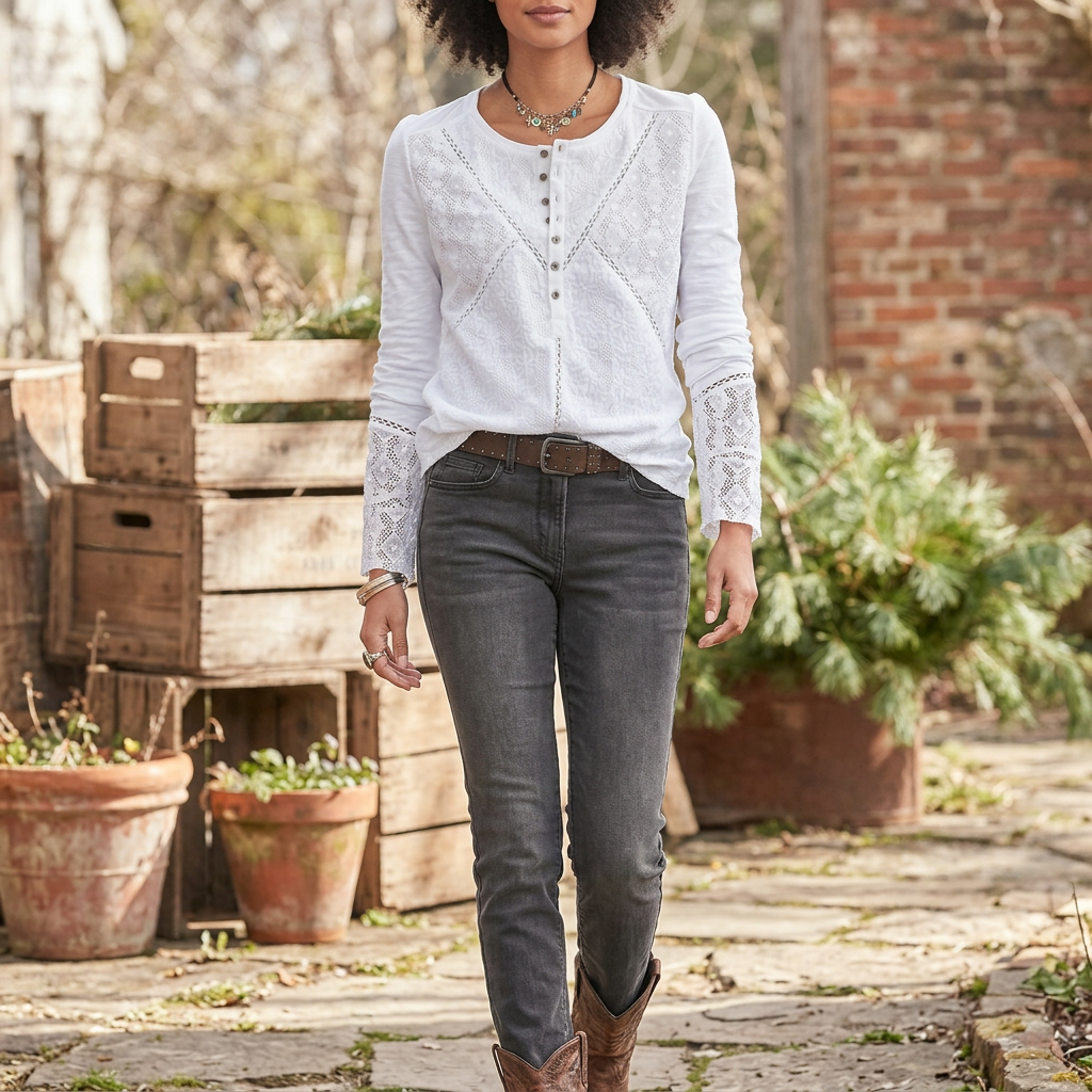 White Lace Henley Top with Button Placket, Long Sleeves and Relaxed Fit