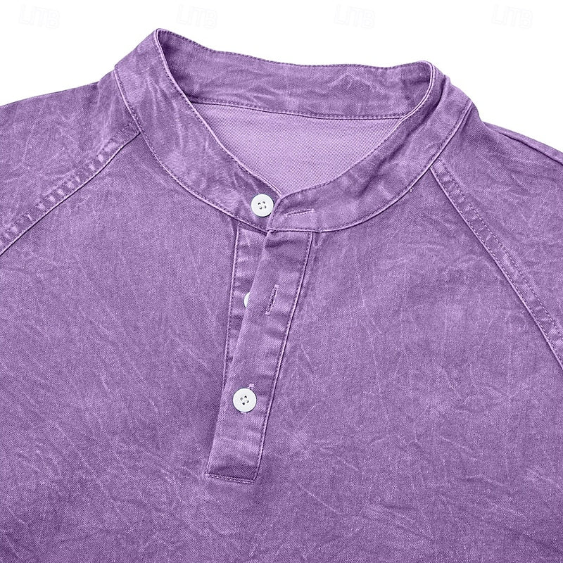 Henley Shirt with Button Placket and Raglan Sleeves, Standing Collar