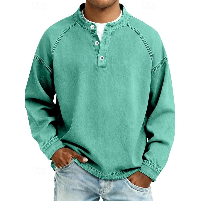 Henley Shirt with Button Placket and Raglan Sleeves, Standing Collar