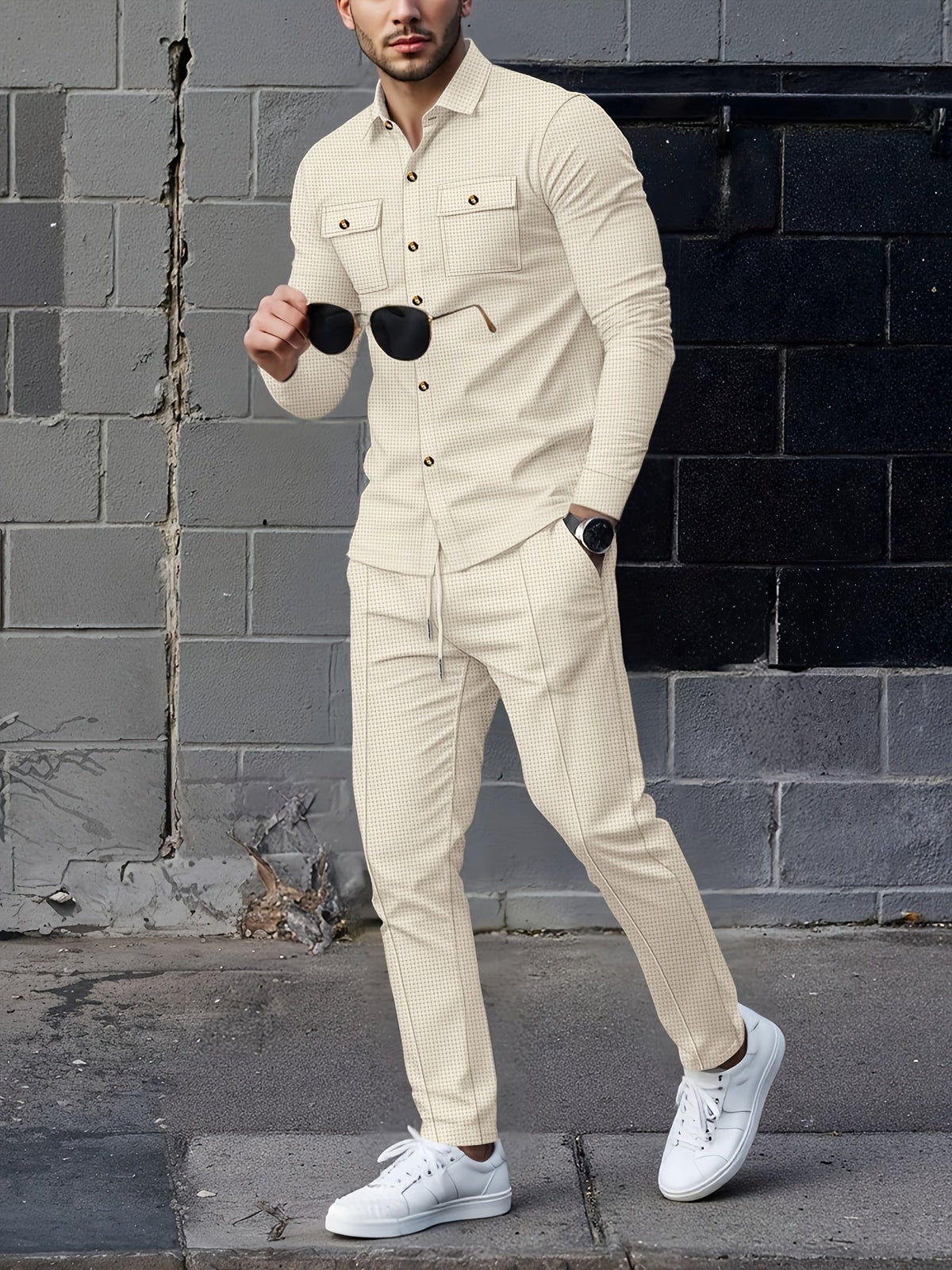 Button Front Top and Matching Trousers with Drawstring Waist, Textured Fabric