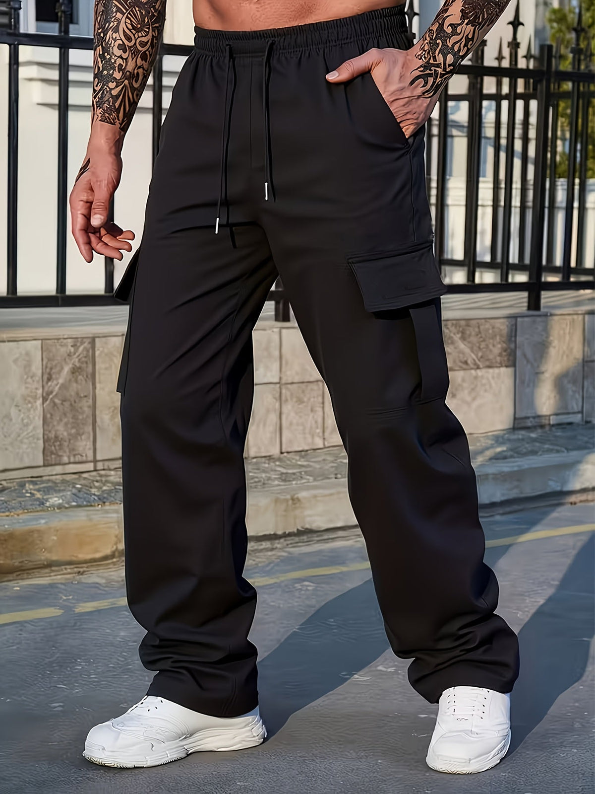 Cargo Pants with Adjustable Drawstring Waist and Multiple Pockets, Straight Leg
