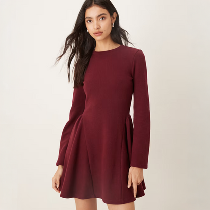 Long Sleeve Godet Mini Dress in Burgundy