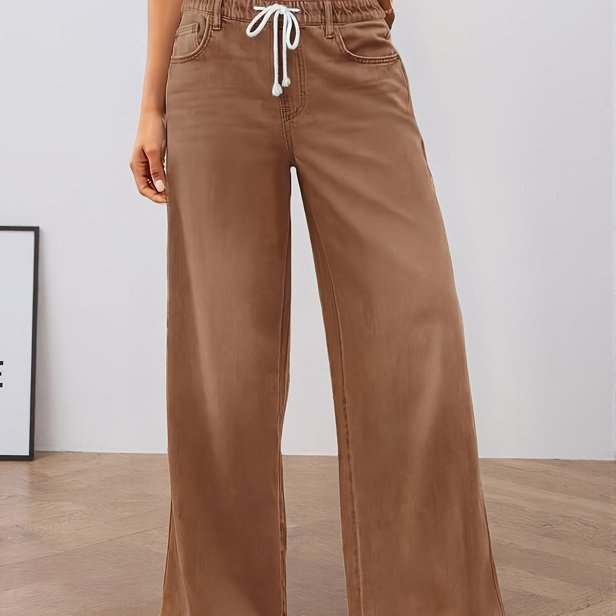 Elastic Waist Wide Leg Pants with High Rise and Functional Pockets