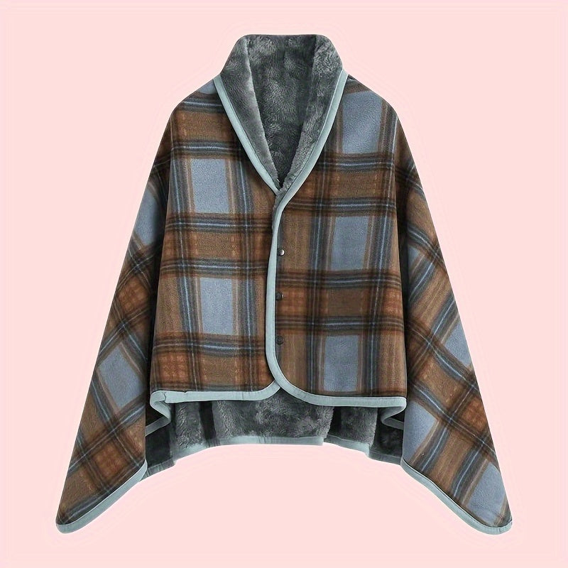 Plaid Shawl with Button Closure and Shoulder Drape Coverage