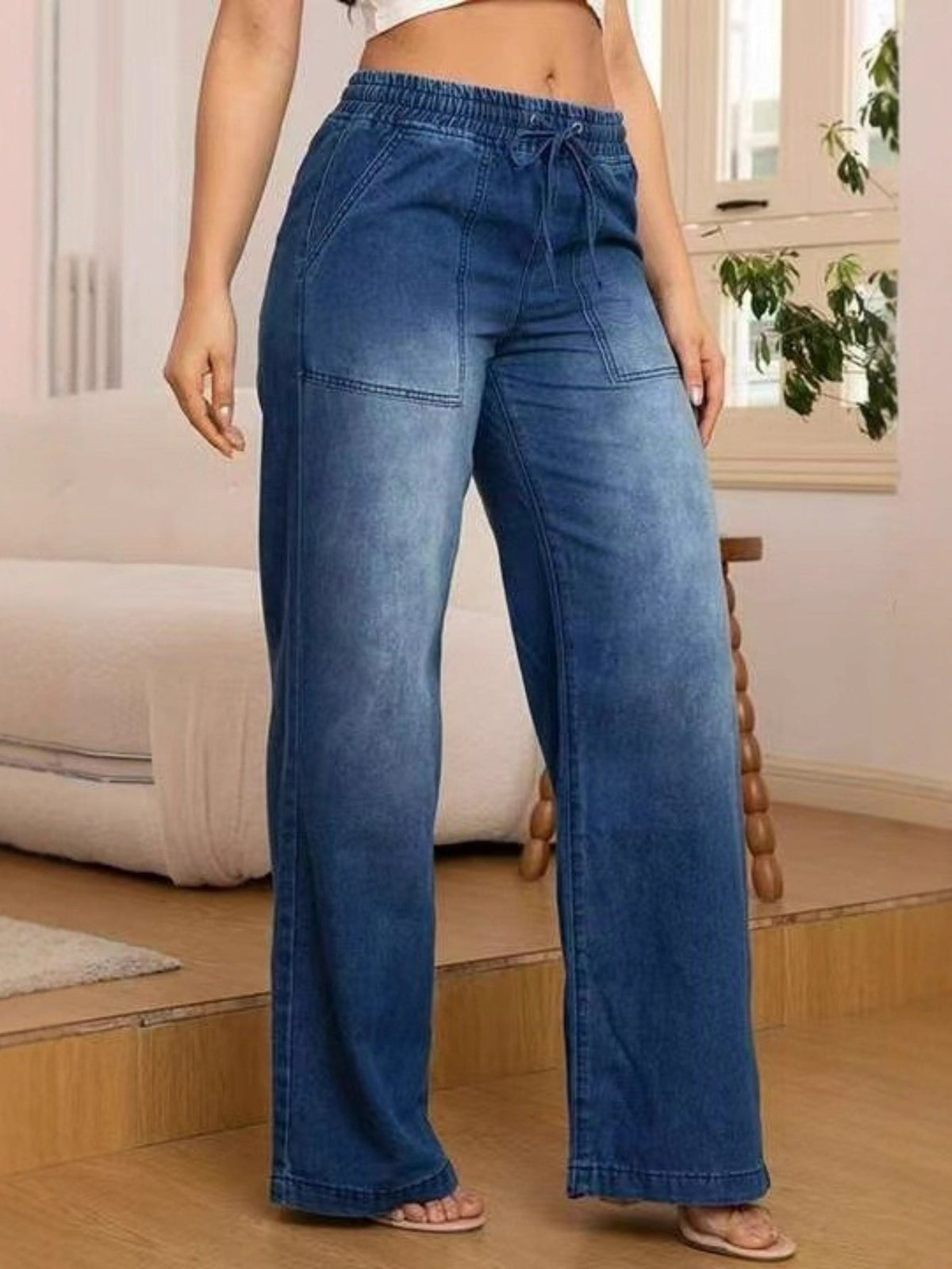 Wide-Leg Trousers with Adjustable Drawstring Waist and Light Wash