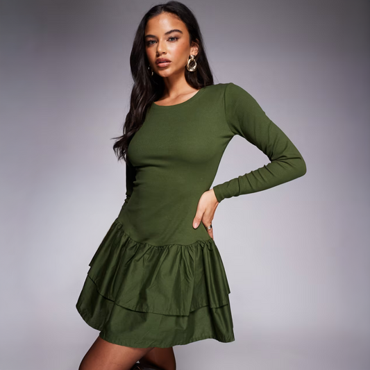 Ribbed Mini Dress with Woven Skirt in Green