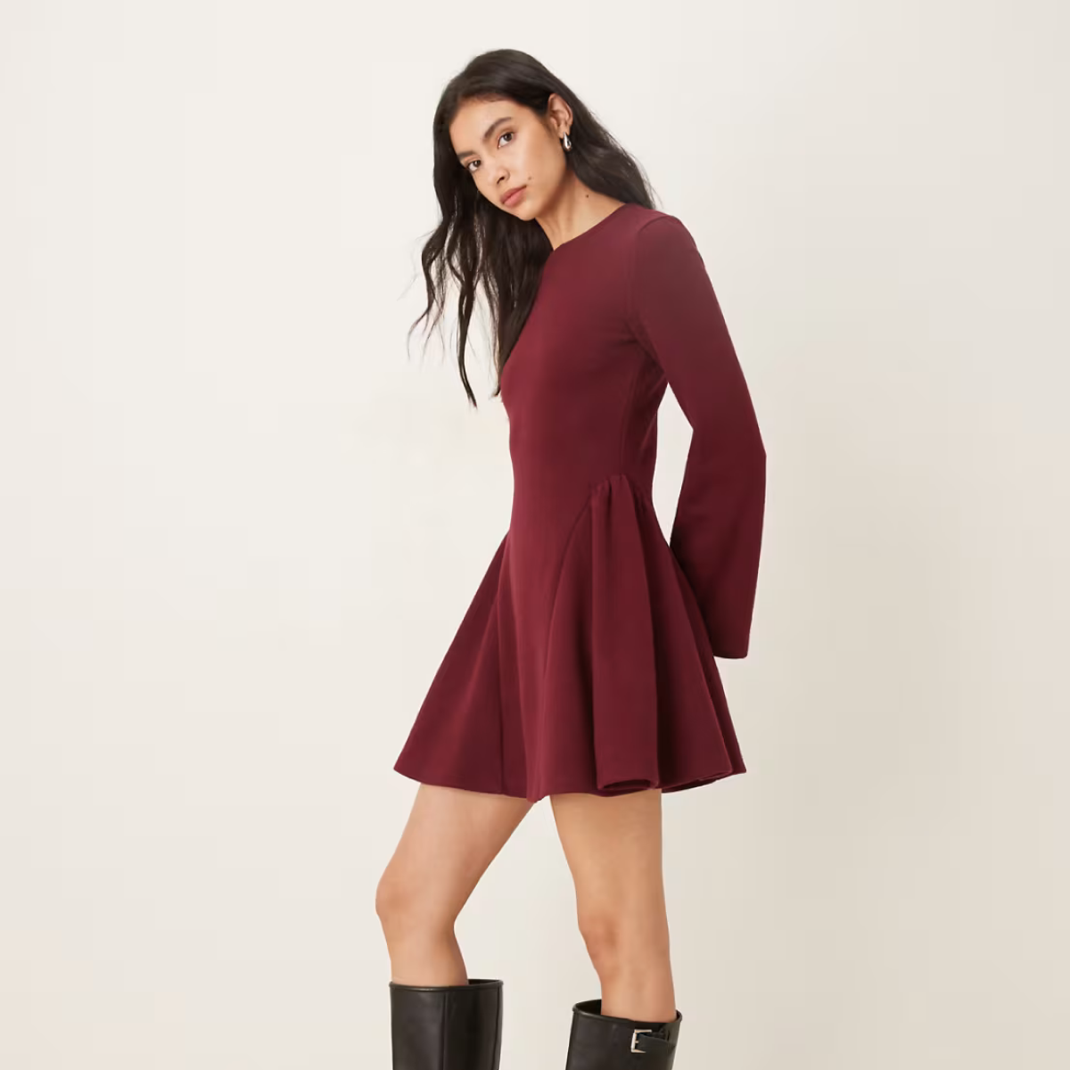 Long Sleeve Godet Mini Dress in Burgundy