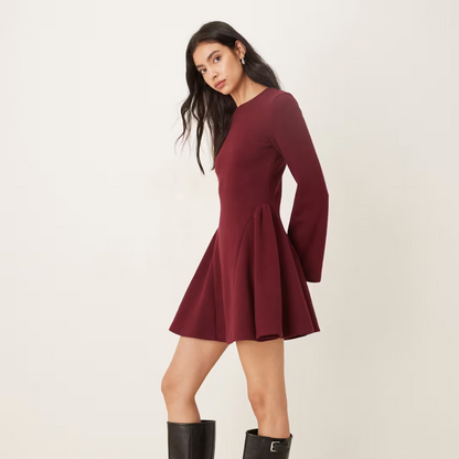 Long Sleeve Godet Mini Dress in Burgundy