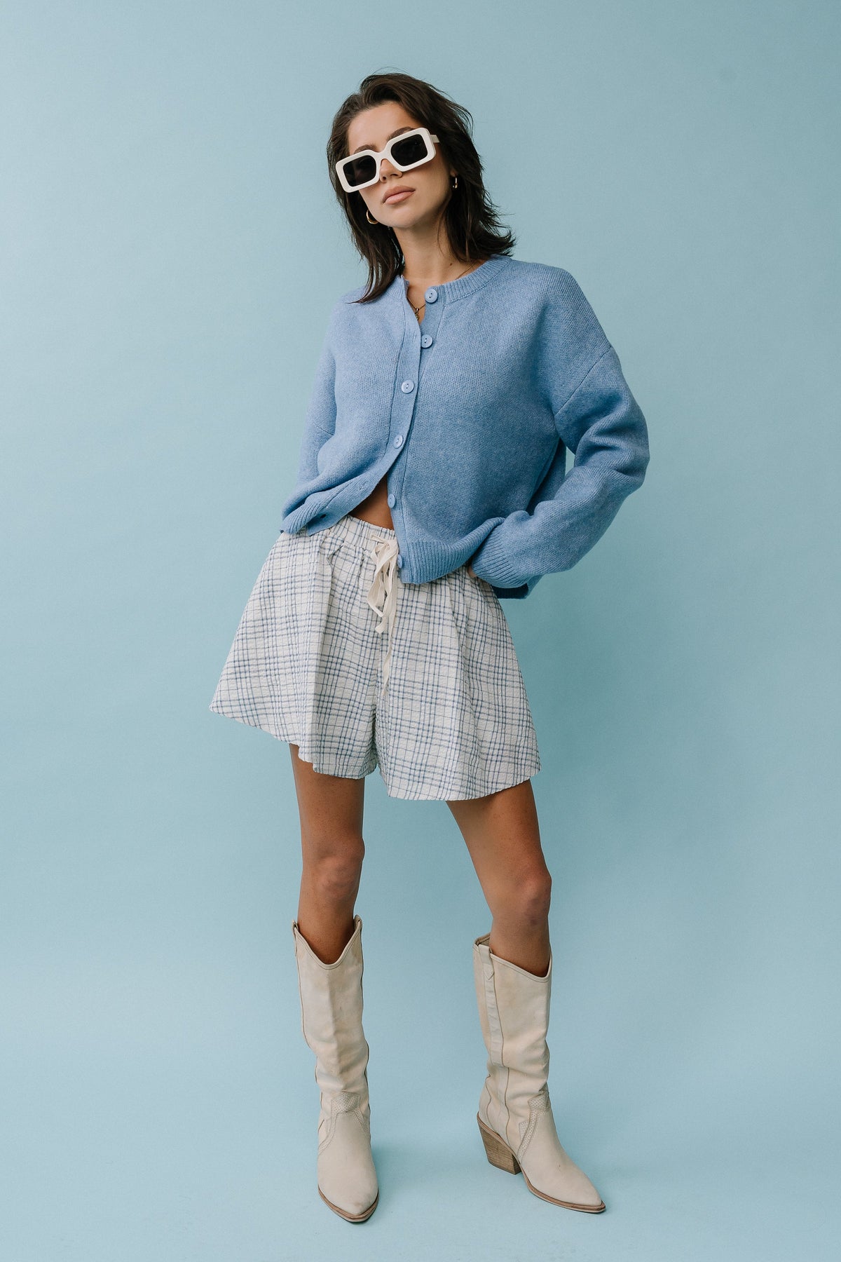 Stretch Knit Cardigan with Button Front and Ribbed Cuffs Light Blue