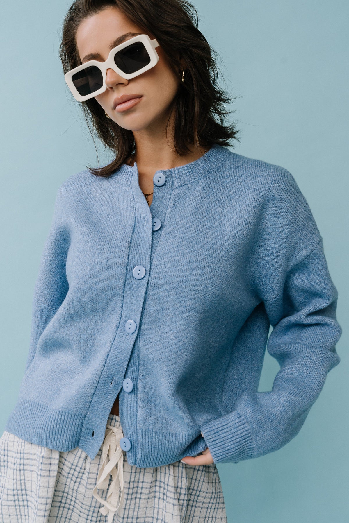 Stretch Knit Cardigan with Button Front and Ribbed Cuffs Light Blue