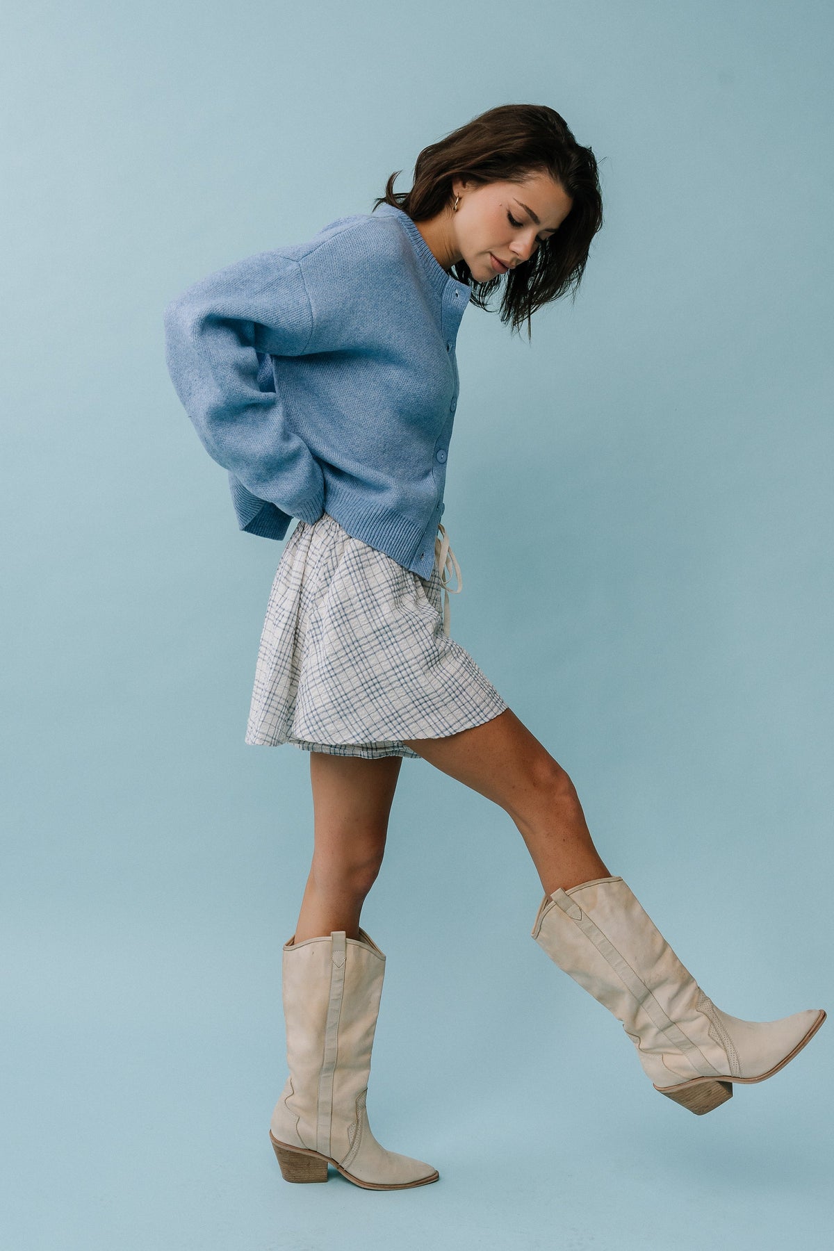Stretch Knit Cardigan with Button Front and Ribbed Cuffs Light Blue