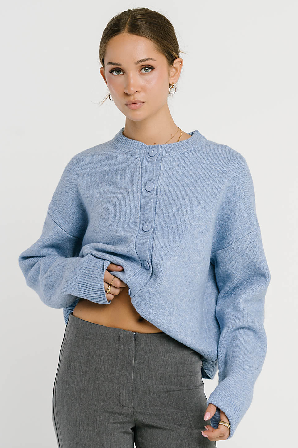 Stretch Knit Cardigan with Button Front and Ribbed Cuffs Light Blue