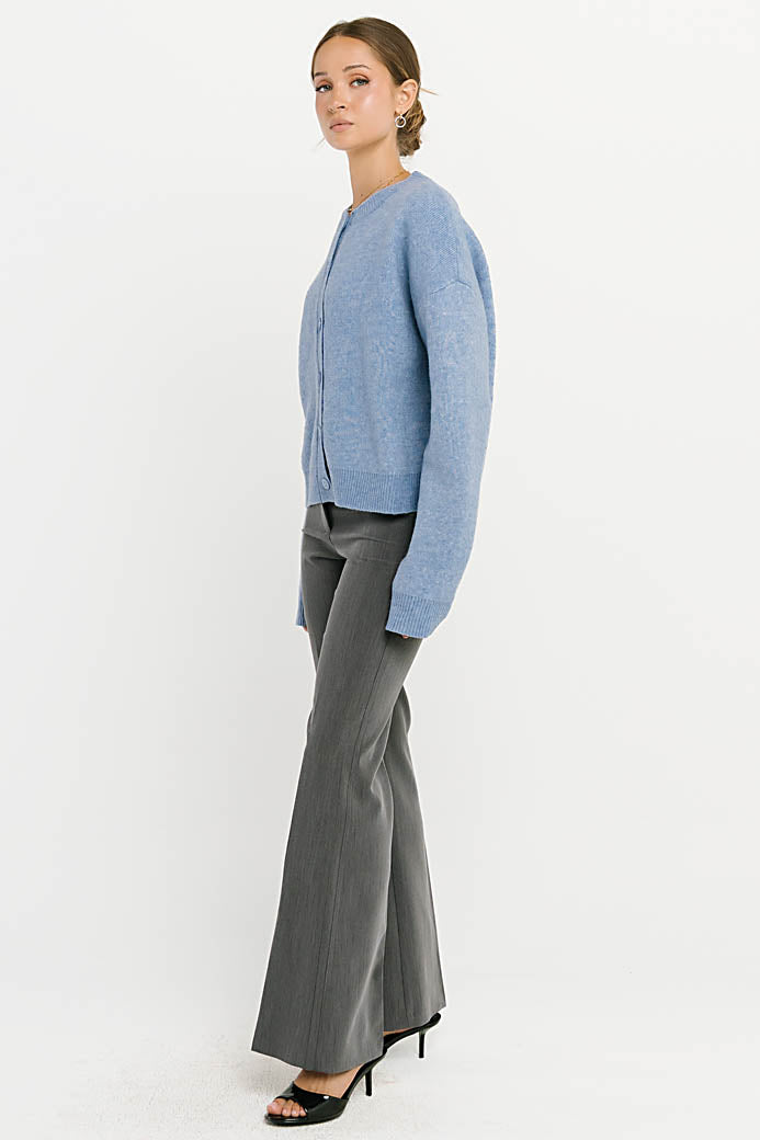 Stretch Knit Cardigan with Button Front and Ribbed Cuffs Light Blue