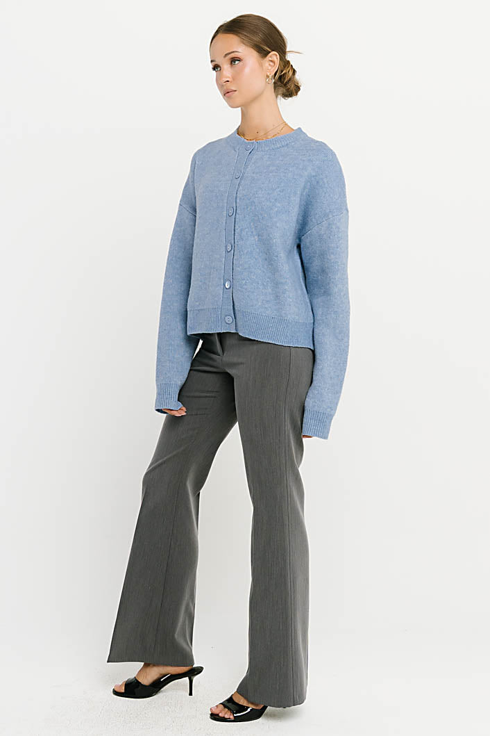 Stretch Knit Cardigan with Button Front and Ribbed Cuffs Light Blue