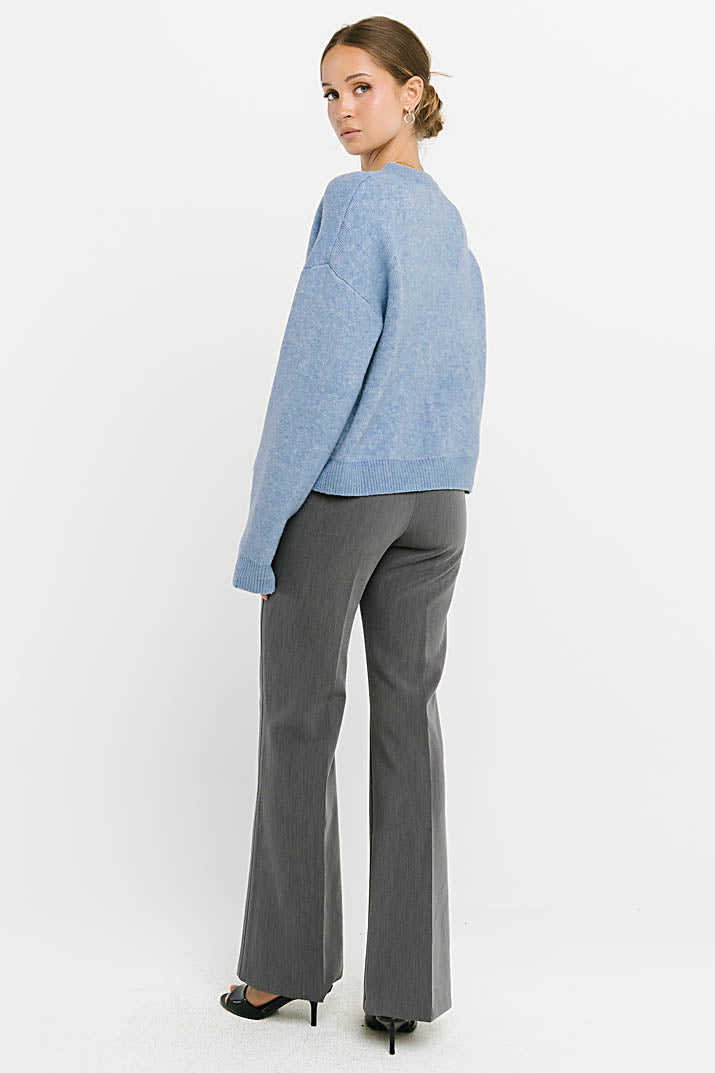 Stretch Knit Cardigan with Button Front and Ribbed Cuffs Light Blue