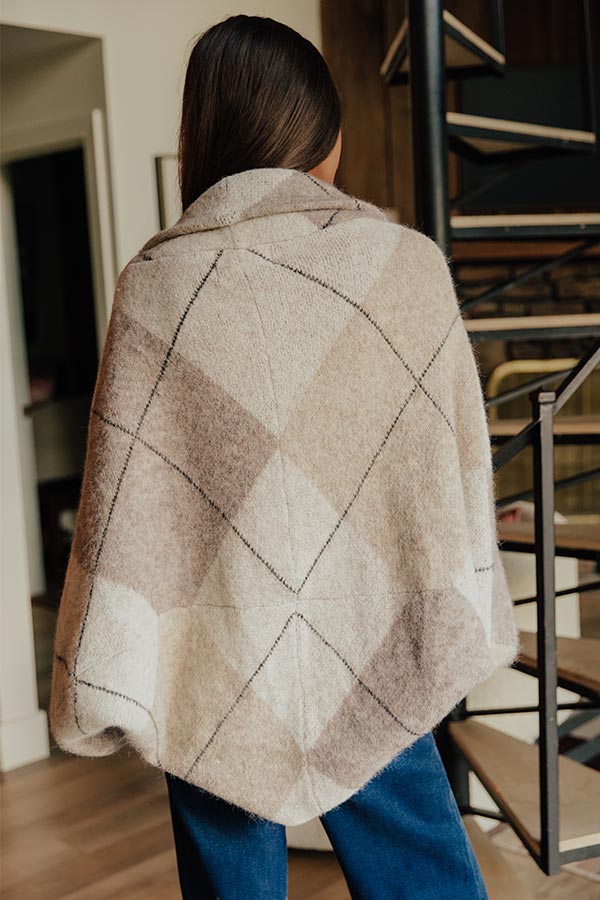 Argyle Color Block Cardigan with Open Front Drape and Ribbed Cuff Sleeves