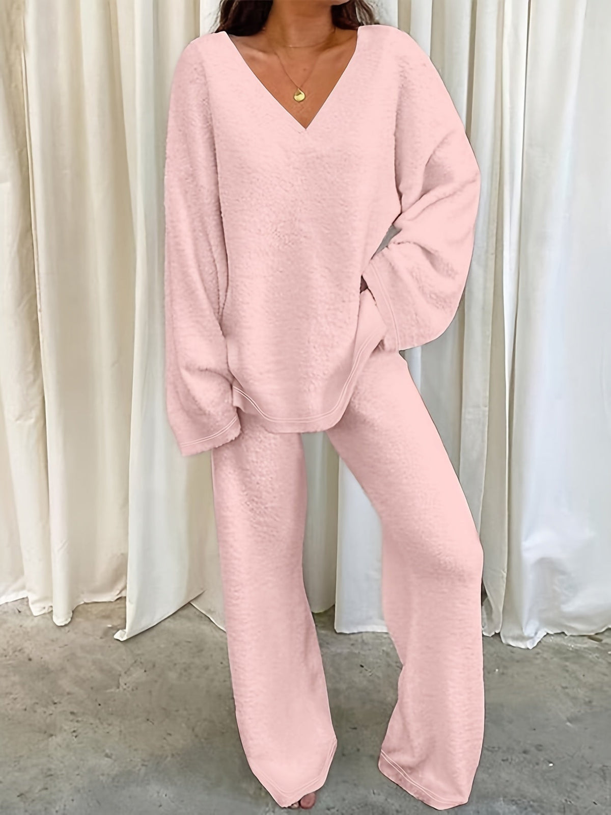 V Neck Pullover Top with Wide Leg Trousers, Two Piece Lounge Set